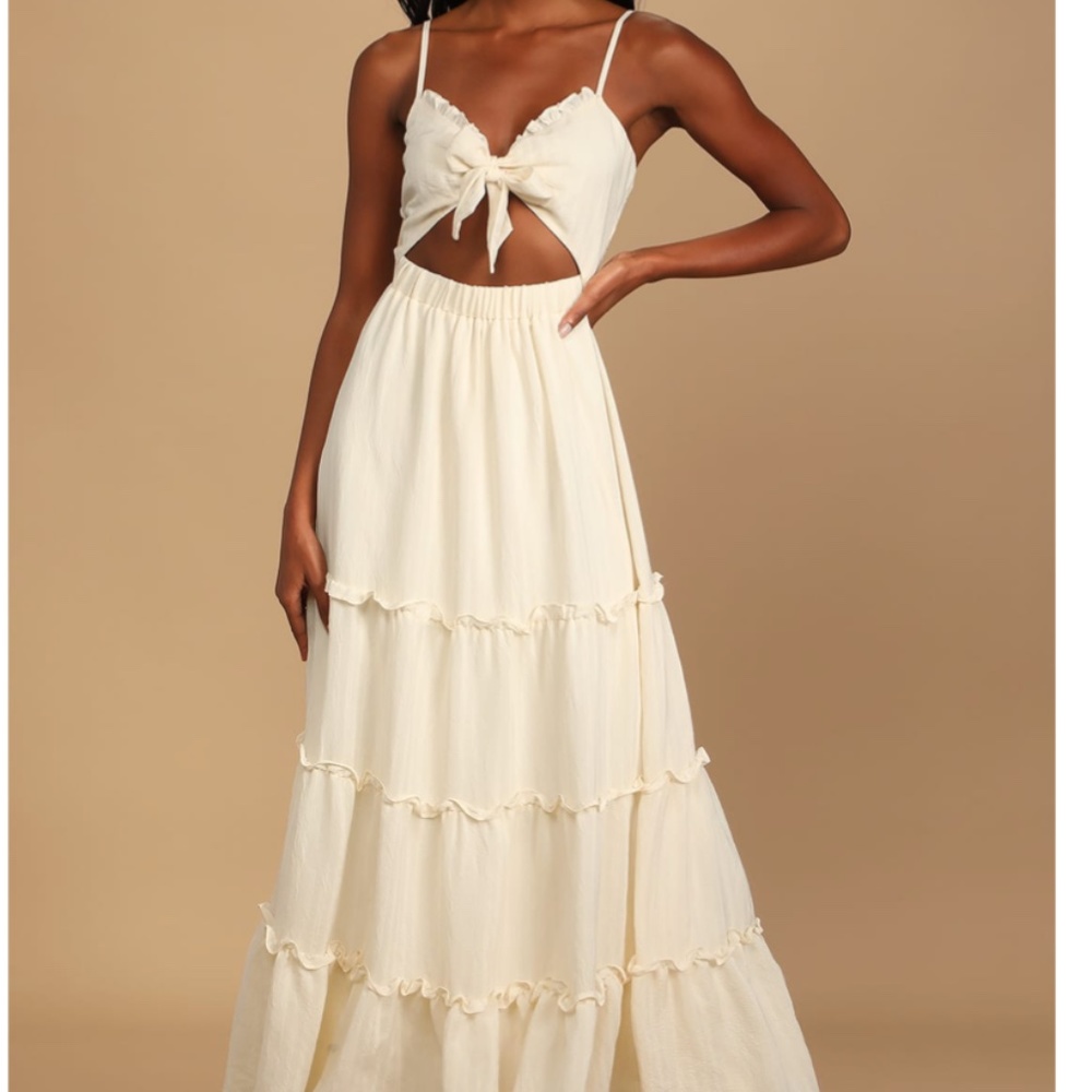 LULUS Tier It Up Cream Knotted Front Tiered Ruffled Maxi Dress Size Medium